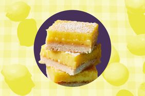 Lemon bars in a photo composite with lemons falling onto a checkered tablecloth.