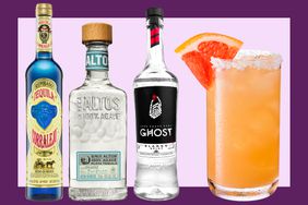 Corralejo Reposado, Olmeca Altos Plata, Ghost Tequila, and a Paloma on a purple background.