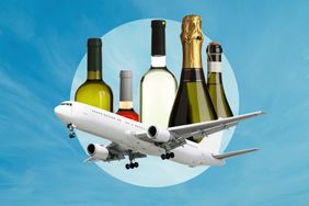 Bottles of wine behind a flying airplane