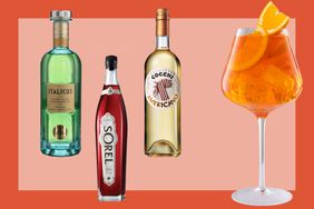 A photo composite of a bottle of Italicus, Sorel, Cocchi Americano and a spritz. 