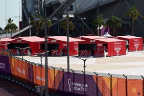 Budweiser beer kiosks at the Khalifa International Stadium in Doha, Qatar for the 2022 FIFA World Cup