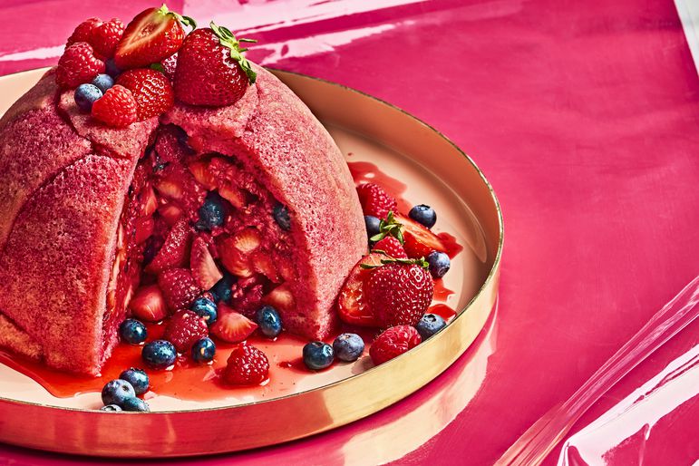 Classic Summer Pudding on a gold tray