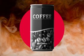 A photo composite with canned coffee over a red circle and milky coffee background. 