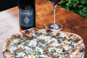 A funghi pie and Francis Ford Coppola wine.