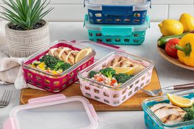 A set of the Ello Duraglass Food Storage Containers on a counter with a prepped meal in each