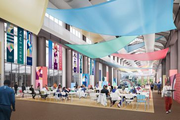 A rendering of the Sodexo Live! dining area at the Paris Olympics.