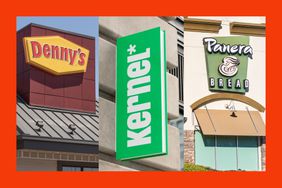 Three restaurant signs, Denny's, Kernel* and Panera Bread.