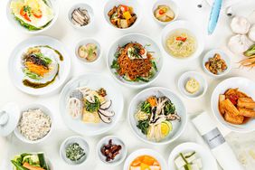 An overheard view of various dishes served by Korean Air