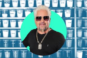 Guy Fieri in a photo composite in front of kitchen spices and seasonings. 