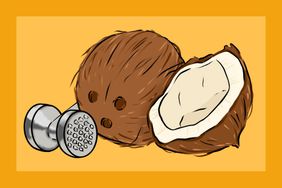 Illustration of an open coconut piece next to a whole coconut and kitchen malet