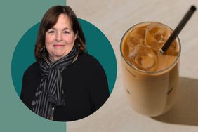 Ina Garten and an iced coffee drink on a green background. 