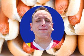 Joey Chestnut in a photo composite with many hot dogs. 