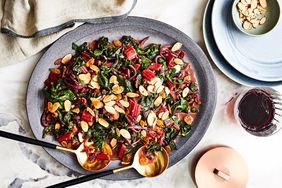 Madeira-Braised Swiss Chard with Garam Masala, Sultanas, and Toasted Almonds