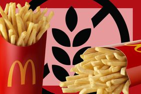 McDonald's french fries an the gluten-free symbol in a red and pink background. 