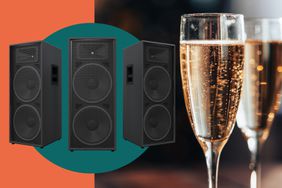 Speakers and sparkling wine glasses in a photo composite. 