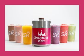 Smoothie Keg and colorful smoothies in plastic cups with pink border.