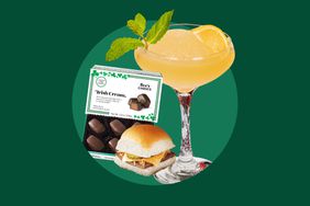 Composite of See's Candies, a White Castle cheese slider and a TGI Fridays cocktail