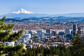 Portland skyline with view of Mt Hood