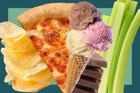 Chips, pizza, ice cream, chocolate and celery sticks in a photo composite over a teal framed background. 