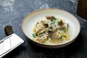 Pasta with porcini mushrooms, spinach and shaved truffle.