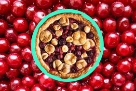 A cherry pie in a photo composition with sour cherries. 